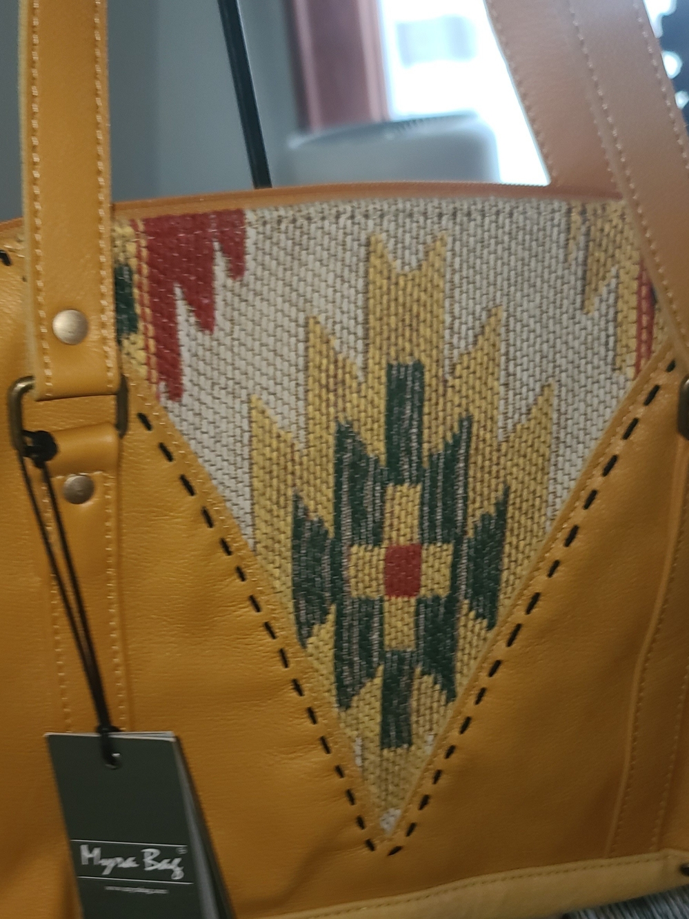 Myra Yellow Leather Tote with Southwestern Woven Panel NWT